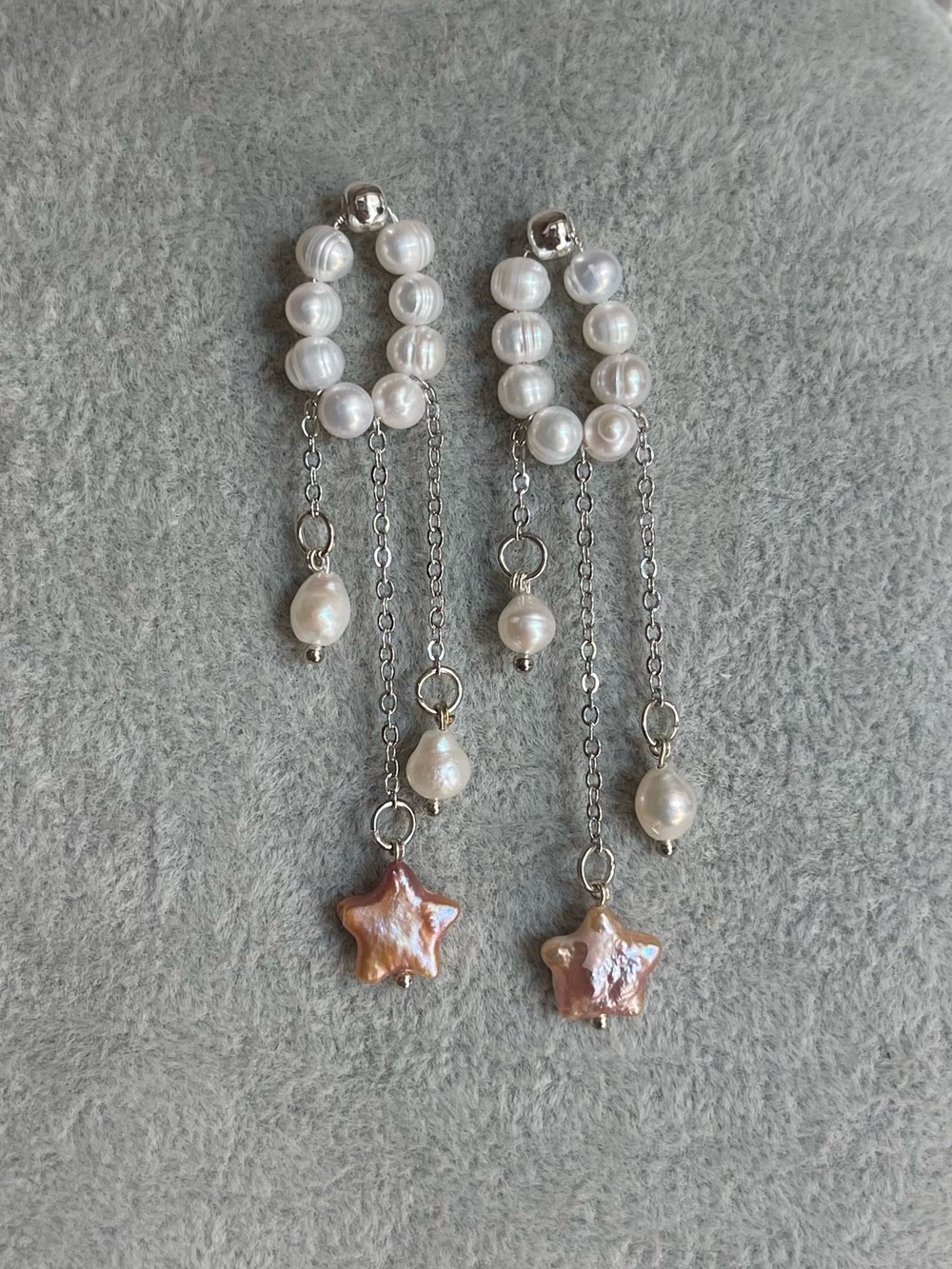 Freshwater Pearl & Pink Star Drop Earrings - Women Jewelry